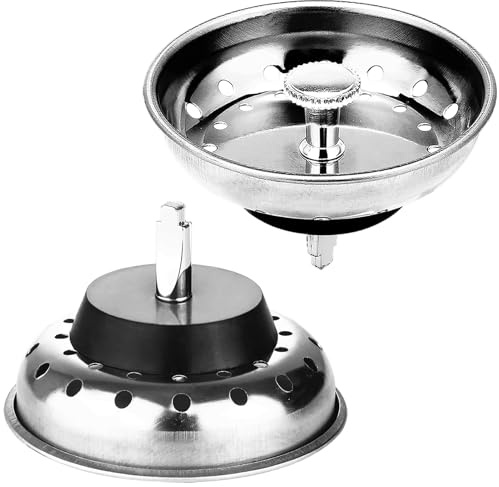 2PCS - Sink Drain Strainer and Kitchen Sink Stopper Combo Basket Replacement for US Standard 3-1/2 Inch Drain, Stainless Steel Basket and Rod, Sink Strainer with Rubber Stopper Bottom