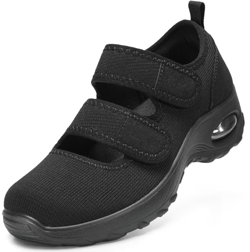 STQ Womens Walking Shoes Non Slip Orthopedic Shoes Orthotic Adjustable Diabetic Shoes Comfort Mary Jane Barefoot Shoe for Arthritis, Plantar Fasciitis Relief, All Black, Size 9