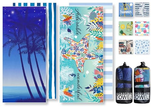 Microfibre Beach Towel for Adults, 250 GSM Beach Towel, 180 x 80 CM Extra Large Beach Towels with 2 Mesh Bags, Absorbent, Quick-Dry, Sand-Free, Lightweight Travel Towel for Pool, Yoga, Gym (2 Pack)