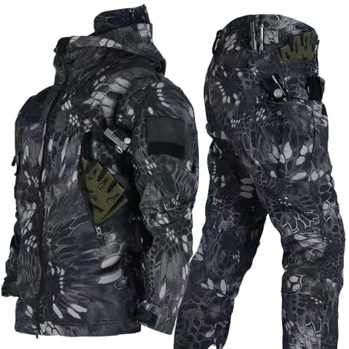 RVUEM 2025 Nouvelles Combinaisons Militaires à Coque Souple, Combinaisons Ski à Capuche Chaudes d'hiver pour Hommes, Ensemble Veste Et Pantalon Tactiques, pour Sports Plein Air,Black Pattern,M