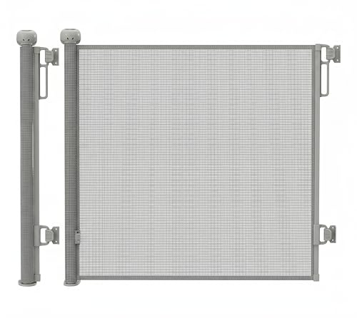 YOLAY Retractable Baby Gate 140 CM Wide, Mesh Child Safety Gate for Babies & Pets, Auto-Lock Dog Gate for Stairs and Doorways, One-Hand Operation Retractable Pet Gate for Indoor Use (Grey)