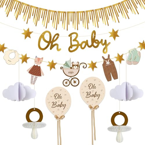 Syoulin Baby Shower Decoración, Gender Reveal (Revelación de Género del bebé), Bautizos de Niño/Niña, Guirnalda oh Baby, Papel Dorado, Decoración de Paredes y Mesas