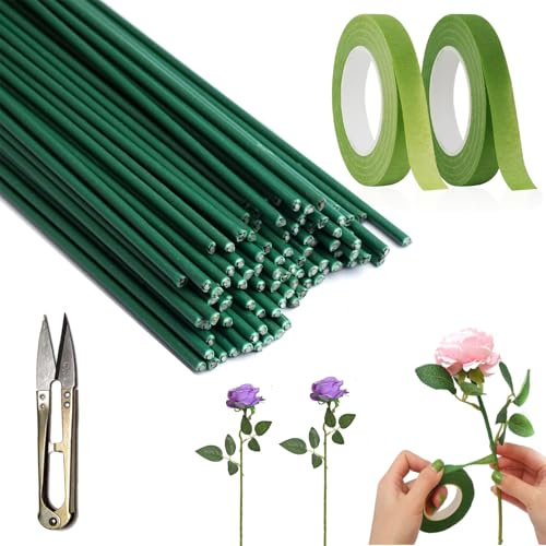 Giutsaull Grön blomtråd, set med 50 stjälkar med blommiga trådar konstgjord blomstam, blommig tråd 30 cm, stam tråd florist tråd, för förpackning av buketter