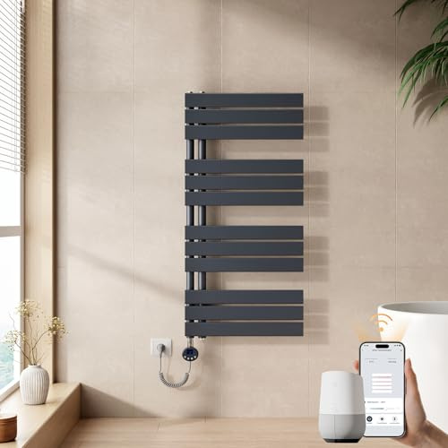 EMKE Seche Serviette Electrique 1041 x 500 mm,Anthracite,WiFi,600 W | Porte-Serviettes Chauffant avec WiFi Thermostat, Chauffe Serviette Salle de Bain,Sèche Serviette électrique