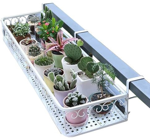 Estante de hierro blanco para plantas de balcón, estante decorativo para colgar flores para alféizar de ventana y barandilla, soporte de exhibición de arte, 25 x 100 x 12 cm