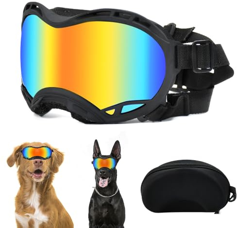 VGECEE Occhiali da Sole per Cani con Scatola per Occhiali da Sci, Occhiali per Cani con Cinturini Regolabili Occhiali UV per Animali Domestici Antivento per Cane Medio per Neve/Attività all'Aperto