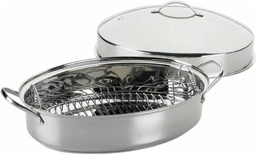 JYBNBBE Stainless Steel Oval Lidded Roaster Pan with Rack - Versatile Oven Cookware for Poultry, Fish, and More - Suitable for All Stove Types - Available in 3 Sizes