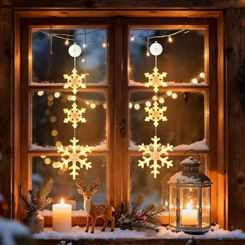 Weihnachtsbeleuchtung Fenster Innen,2 Stück LED Schneeflocken Fenster Batteriebetriebene mit Saugnäpfe,Fensterdeko Weihnachten Warmweiß mit Timer,3 Modi,Lichtervorhang für Fensterlicht Weihnachtsdeko