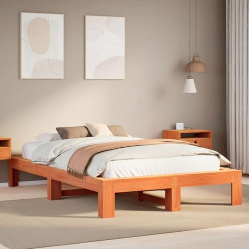 Qnhdfrt Massivholzbett Kiefer 135x190 cm mit Lattenrost in Wachsbraun für Schlafzimmer Gästezimmer und Jugendzimmer