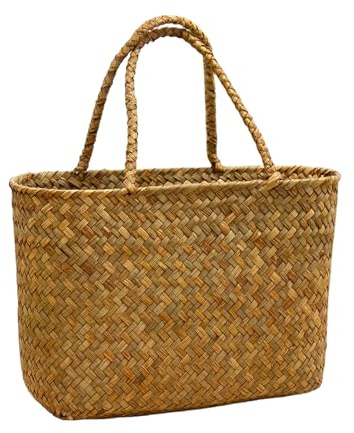 Handmade Seagrass Woven Tote Bag Natural Style Vintage Craftsmanship Lightweight Handheld and Shoulder Bag for Summer Outings and Beach Adventures Flower Basket Beach Bag Woven for Women