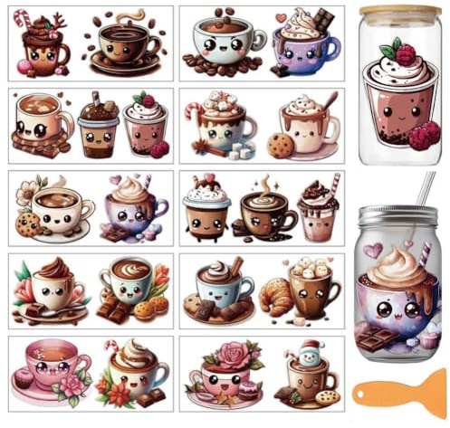 arricraft 10 Blätter Niedliches Kaffee UV DTF Tasse Transfer Aufkleber | 24x11cm Wasserfest Rub On Sticker Möbelfolie Selbstklebend für DIY Kunsthandwerk Becher, Flaschen, 16oz Glas, Möbel