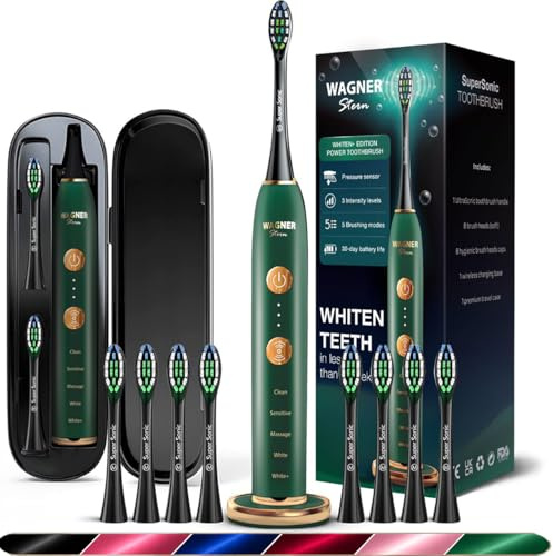 Wagner Stern WHITEN+ Edition. Intelligente elektrische Zahnbürste mit Drucksensor. 5 Putzmodi und 3 Intensitätsstufen, 8 weiche Bürstenköpfe, hochwertiges Reiseetui.