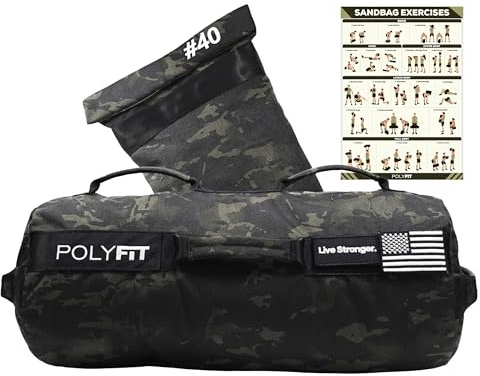 Polyfit Sandbag Pro - Workout Sandbag with Triple Closure Filler Bag and Reinforced Nylon Webbing - Black Camo - 40LB