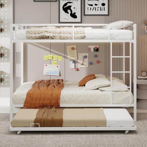 Harper & Bright Designs Bunk Bed Queen Over Queen with Trundle, Metal Bunk Bed with Surrounded Safety Guardrails for Small Bedroom, Bunk Beds for Kids, Teens, Adults, White