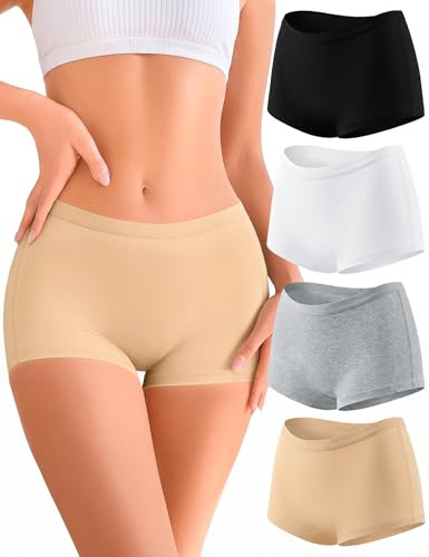 Briyat Boxer Femme Taille Haute, Couvrance Intégrale Au Dos, sans Étiquette | S-3XL Shorty Femme, Caleçon Court Femme, 95 % Coton, 5 % Élasthanne, Double Gousset Pour Le Quotidien Et La Nuit, Lot De 4