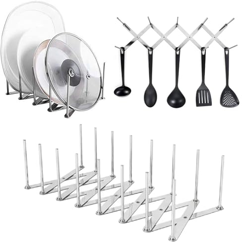 Bewnvne Multi Functional Kitchen Pot Lid Storage Rack - Extendable Stainless Steel Kitchen Pot Lid Organizer Suitable For Pot Lid Holder, Stovetop, Storage Rack (7)