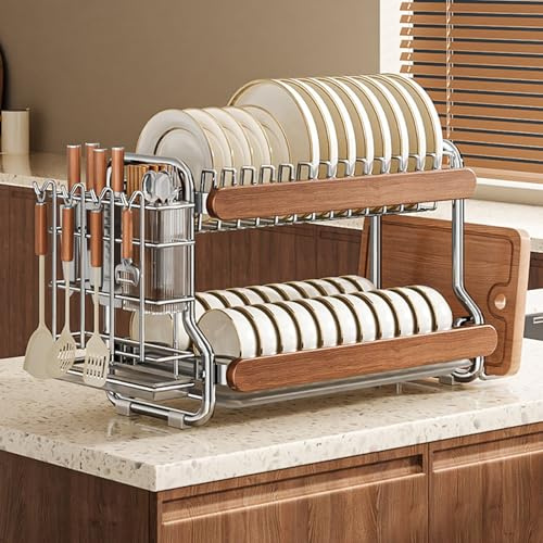 QIUHTR Wooden Dish Drying Rack for Kitchen Counter,Space-Saving 2 Tier Dish Drying Rack,with Detachable Cutlery Holder,for Dish, Pots, Lids, Bowls, Cups, and Cutting Boards(42 * 31cm)