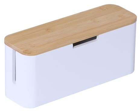 Relaxdays Kabelbox för grenuttag, bambu, lock, HBT: 14,5 x 34 x 11 cm, dold kabel, uttagslåda, natur/vit