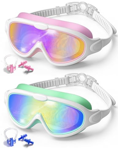 FUSHI&MON Swim Goggles for Kids Age 5-16, 2 Pack Kids Goggles Childrens UV