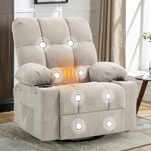 BRTHORY Relaxsessel mit Massagefunktion Fernsehsessel Liegefunktion Vibration Heizung, Dicke Rückenlehne und Armlehnen, Massagesessel mit Wippfunktion, 360°drehbar