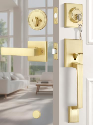 GUTENKONB 1 Pack Gold Front Door Lock Set, Exterior Door Handle with Single Cylinder Deadbolt, Front Door Handle with Square Door Lever, Reversible for Left/Right Doors