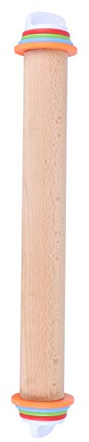 Wakects Rodillo de Amasar Ajustable, Rodillo de Masa de Madera de Haya con Anillos de PP Extraíbles, 43 X 6,5 Cm, Superficie Lisa, Fácil Control de Espesor para Hornear en Casa, Pizza, Pastel, Galleta