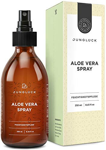 JUNGLÜCK Aloe Vera Spray 250ml - Vegan | BIO Aloe Vera - Natürliche After Sun Pflege | Kühlende Erfrischung und wertvolle Feuchtigkeit, beruhigt die Haut bei Sonnenbrand - für Gesicht, Haare & Körper