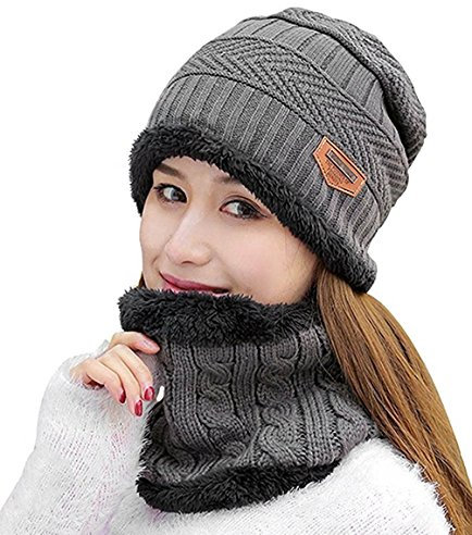 Kuyou Damen Beanie Mütze Schal Set Winter Schlauchschal Hüte Mützen (Grau)