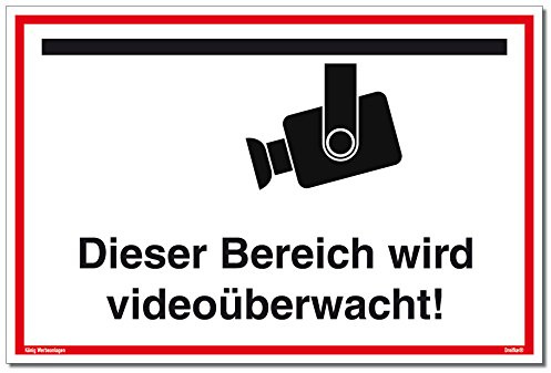 Schild Videoüberwachung | Dieser Bereich Wird videoüberwacht! | stabiles Alu Schild mit UV-Schutz 30 x 20 cm | weiß | Kameraüberwacht videoüberwacht | Dreifke®
