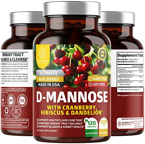 Number One Nutrition Premium D Mannose Supplement for Women and Men [Max Strength, 1350MG] Natural D-Mannose with Cranberry, Hibiscus and Dandelion for Urinary Tract Health, 120 Count