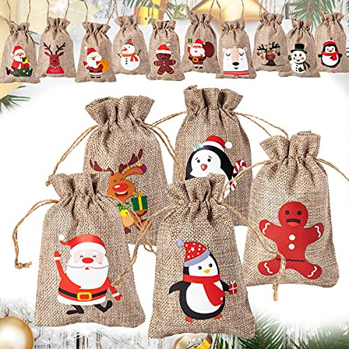 Weihnachten Leinen Beutel, Fyvadio 16Pcs Weihnachten Geschenksäckchen mit Kordelzug für Adventskalender Stoffbeutel Weihnachts Geschenktüten Geschenksäckchen Geschenkbeutel Jute Säckchen