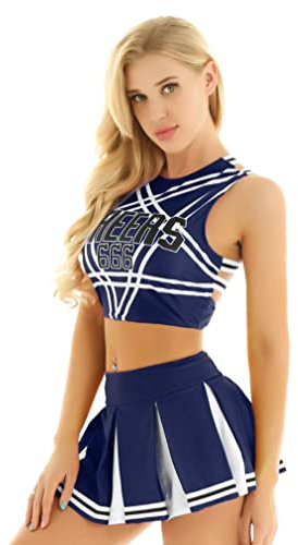 renvena Damen Cheer leader Kostüm Cheerleading Cosplay Uniform Ärmellos Bauchfrei Oberteil mit Minirock Faltenrock Karneval Fasching Party Tanz Kostüme A Marineblau L