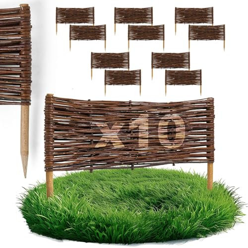 BOGATECO Lot de 10 bordures/clôtures de parterre, 60 cm, décoratives, en saule/bois/osier, à emboîter, pour la pelouse, le jardin comme délimitation de chemin, 60 x 20 cm (L x h)