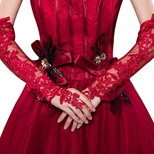 Surakey Damen Spitze Handschuhe Lang Hochzeit Brauthandschuh mit Schleife Sommer UV Schutz Fingerlose Elegant Spitze Blume Hochzeitskleid Handschuhe Netzhandschuhe Fasching Party Kostüm Accessoires