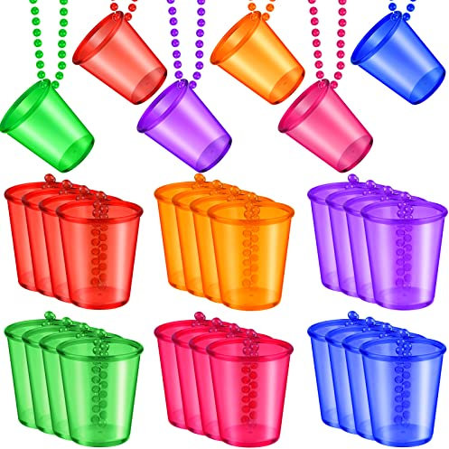30 Pieces Shot Glass on Beaded Necklace Shot Glass Necklaces Plastic Shot Cup Necklace for Team Groom and Bride Supplies Bachelorette Party Birthday Wedding Party Festival Parade (6 Colors)