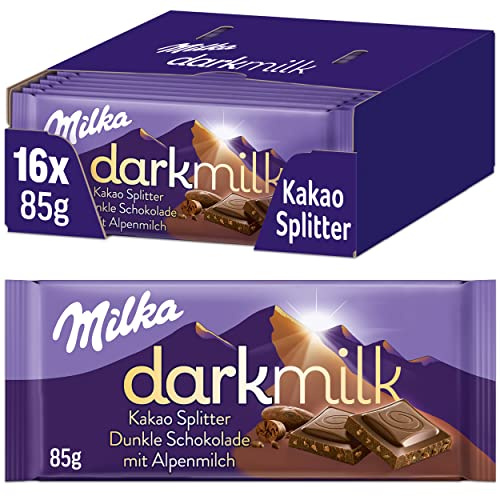 Milka Dark Milk Kakao Splitter 16 x 85g, Alpenmilch Schokolade mit extra Kakao, Noch schokoladiger