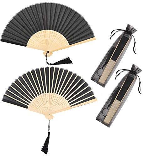2 Pièces Éventails Pliants avec Frange en Soie, Eventails à Main Portables, 21x38cm Ventilateurs Pliables, pour Eventail Mariage, Danse etc. (Black2)