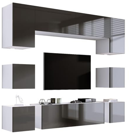 3E 3xE living.com Ensemble Meuble TV Mural, Blanc Mat/Gris Brillant, Meuble Mural à LED pour Salon