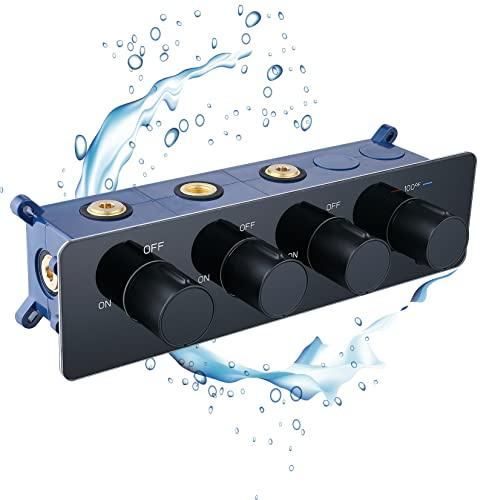 NPYSVSSS Thermostatic 3 Way Shower Diverter, Brass Concealed Mixing Valve with Tempered Glass Panel, Control Flow and On-Off Simultaneously, 4 Handle Multi Function Shower Valve, Matte Black