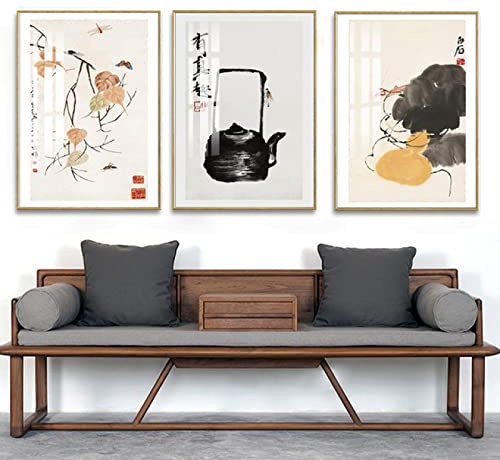 Pinturas en lienzo sobre lienzo para pared carteles Cuadros impresas para oficina Salon de estar Decoracion del hogar Qi Baishi abstracto folklórico de China 60x80cm x3 Sin Marco