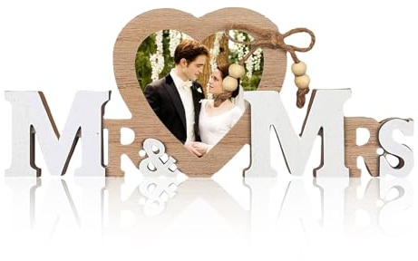 FRUHLING Mr & Mrs Decorazione per matrimonio in legno con cuore, cornice portafoto per matrimonio, decorazione da tavolo, per coppie, regalo di nozze, lettere in legno