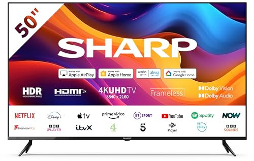 SHARP 50FJ6K 50-Inch 4K UHD Smart Roku Frameless LED TV in Black with Active Motion 400, Dobly Vision, HDR10 + HLG Support, Freeview Play, Pre-Installed Apps, 3x HDMI & 2x USB