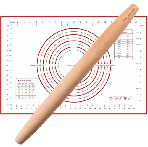 Muso Wood Nudelholz - Holz Französisches Teigroller zum Backen | Rolling Pin mit Silikon Backmatte, 40 cm - Buchenholz