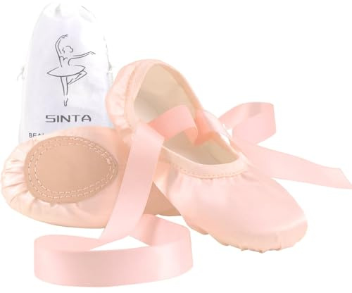 Sinta Balettskor satin med band professionella danstofflor yoga gymnastik tofflor balett platt läder delad sula för äldre flickor kvinnor, Hud, 25.5 EU