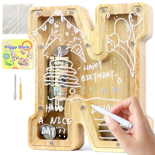 Lakpopya Spardose für Kinder Jungen Mädchen Sparschwein Kinder Spardose Personalisiert Durchsichtig Spardose Buchstabe Holz A-Z mit Zielbereich & Aufkleber & Marker, Taufe Geschenk Dekoration (N)