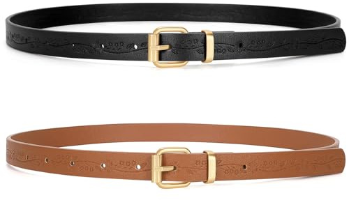 WHIPPY 2er-Pack schmal Ledergürtel für Kleider Taillengürtel Damen dünner Gürtel für Jeans Hosen mit Goldschnalle，schwarz+braun，110cm