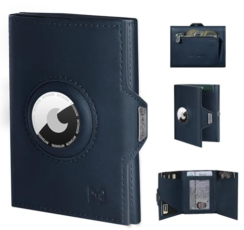 MYSHION Airtag Wallet for Men with Coin Pocket, Slim Men’s Wallet with RFID Protection & ID Window, Minimalist Card Holder with 7 Slot for 8-12 Cards, Snap Closure (Navy Blue)