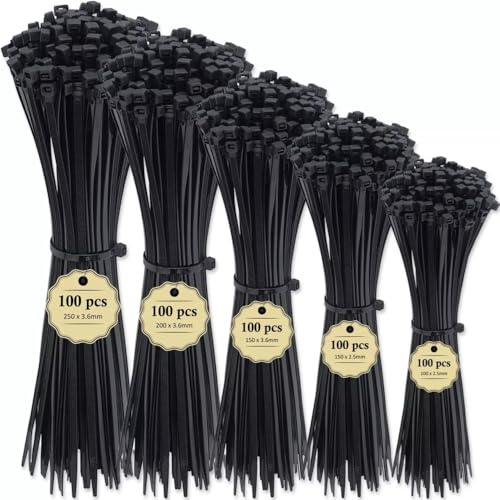 500Pcs Black Cable Ties, Heavy Duty Zip Ties Set, Assortment Mixed 5 Sizes 100 * 2.5mm 150 * 2.5mm 150 * 3.6mm 200 * 3.6mm 250 * 3.6mm, Nylon Cable Ties for Wire Management