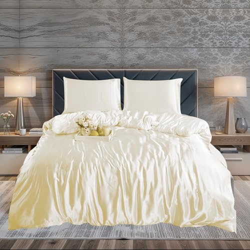 ZIMEL HOMES 2 piece-Satin Duvet Cover Set Soft bedding shiny silky bedding sets - duvet cover, 1 pillowcase (Cream, Single)