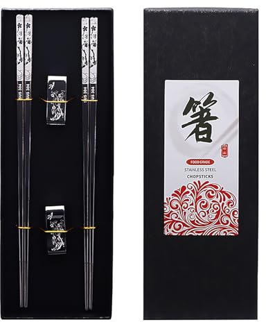 Yewseas 2 Paar Edelstahl-Essstäbchen Wiederverwendbar, Essstäbchen mit Halter sushi stäbchen Japanischen Stilvolle Geschenk Set